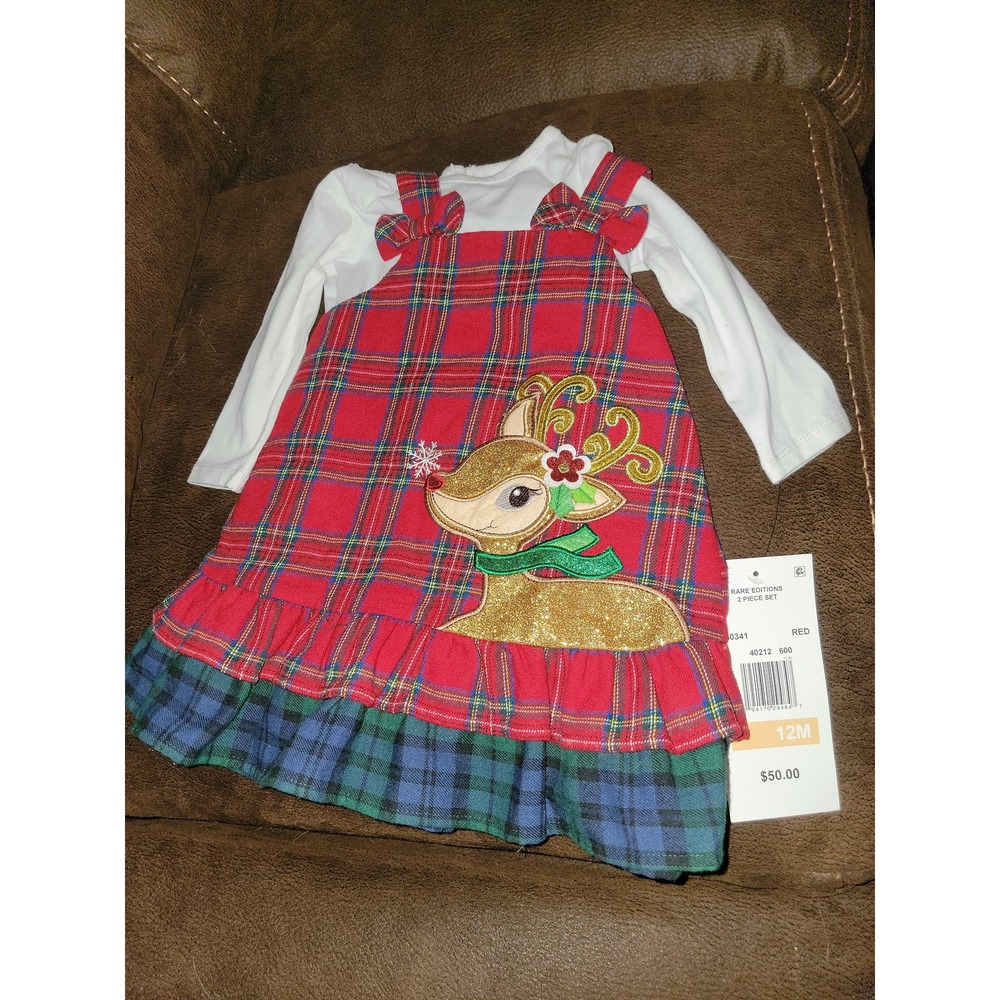 Rare editions Christmas holiday reindeer dress and undershirt size 12 months nwt